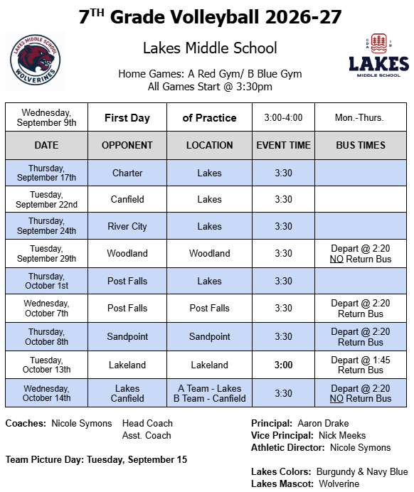 7th Grade Volleyball Schedule