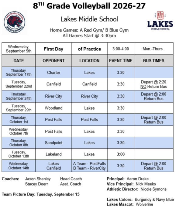 8th Grade Volleyball Schedule