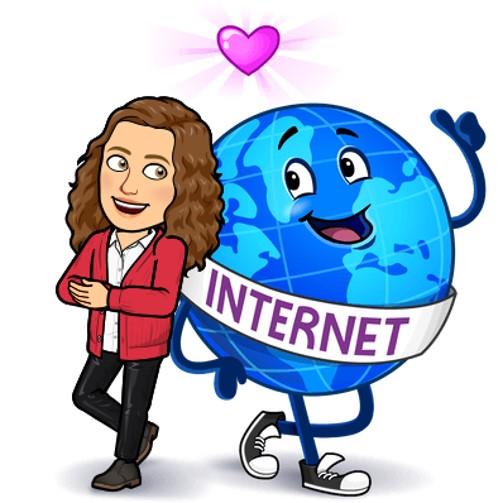 a bitmoji of Mrs. Lindner standing back-to-back with a globe wearing a sash that says "internet"