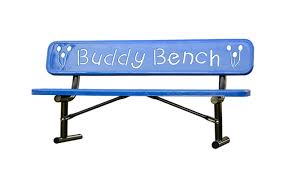 animated drawing of a blue bench with the words "buddy bench"