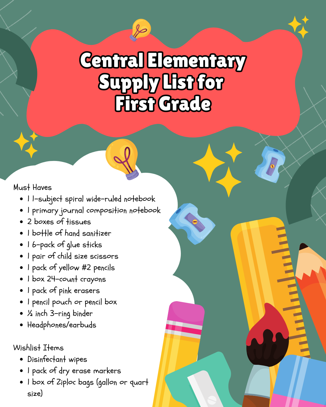 Alt Text: Central Elementary's first grade supply list outlines essential classroom materials needed for the school year.  Must Haves:  1 1-subject spiral wide-ruled notebook 1 primary journal composition notebook 2 boxes of tissues 1 bottle of hand sanitizer 1 6-pack of glue sticks 1 pair of child-size scissors 1 pack of yellow #2 pencils 1 box 24-count crayons 1 pack of pink erasers 1 pencil pouch or pencil box ½ inch 3-ring binder Headphones/earbuds Wishlist Items:  Disinfectant wipes 1 pack of dry erase markers 1 box of Ziploc bags (gallon or quart size)