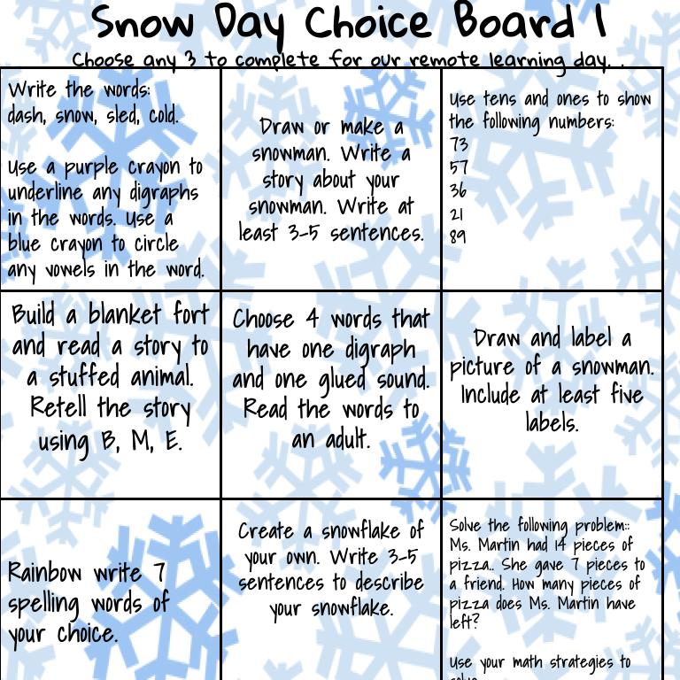 First Grade remote learning choice board