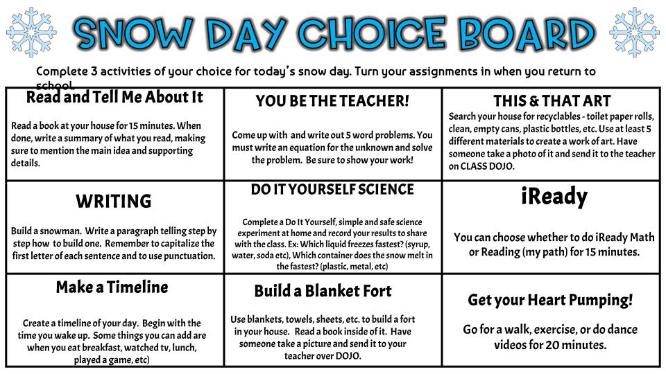 Second grade remote learning choice board