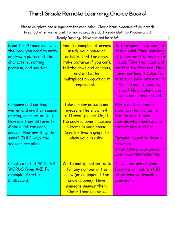 Third grade remote learning choice board