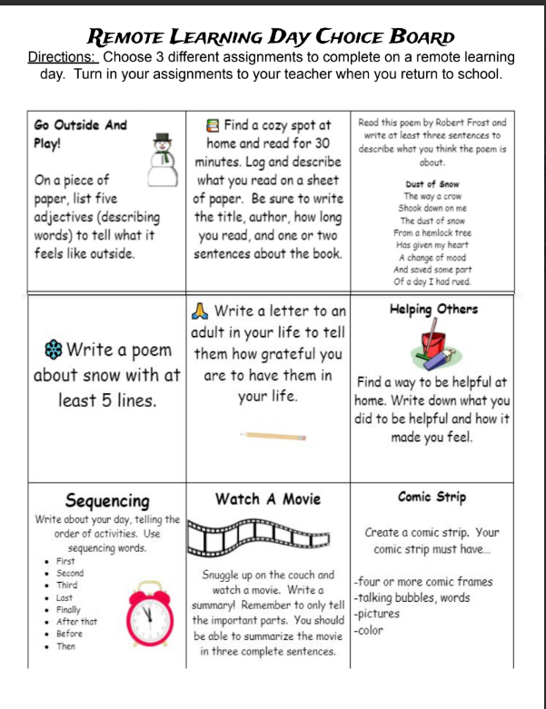 Fifth grade remote learning choice board