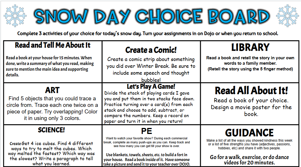 Second grade 2nd remote learning choice board