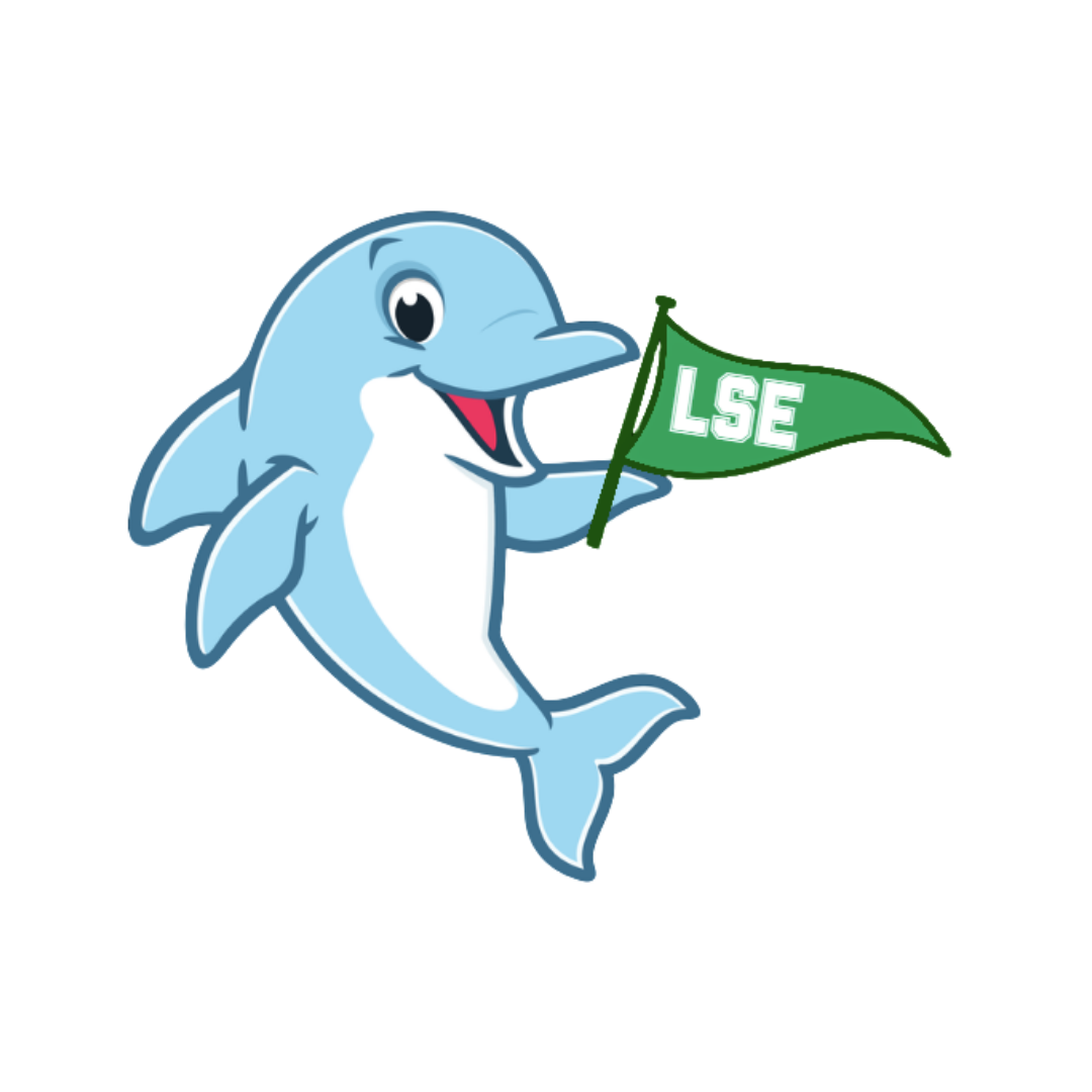 Dolphin holding green flag with school name