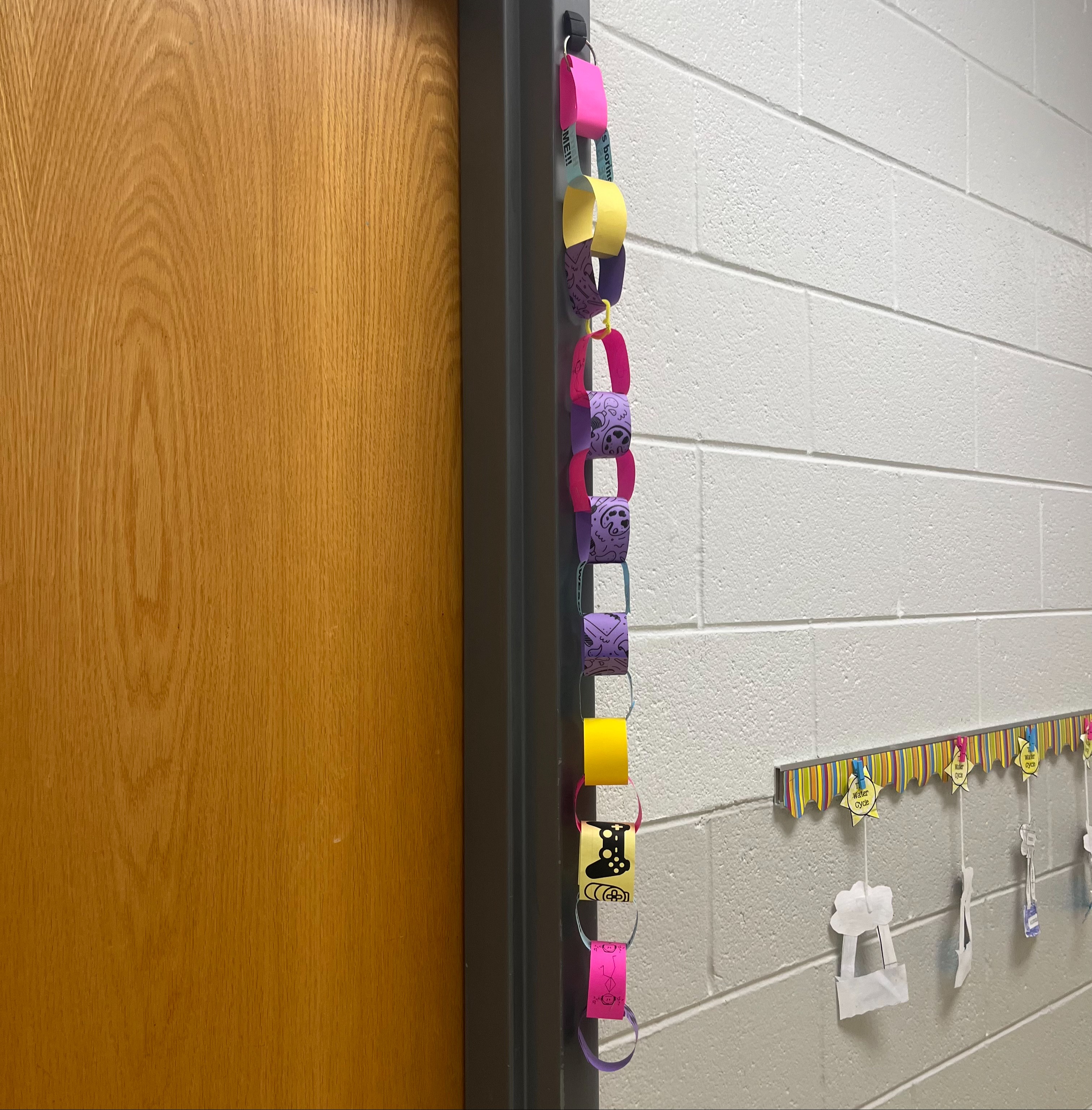 picture of paper links hanging from a classroom door