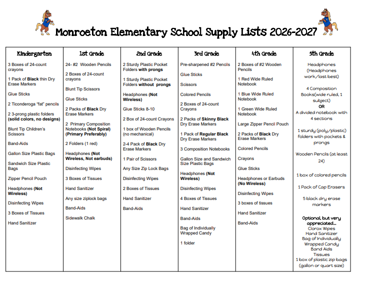 2026-2027 School Supply List