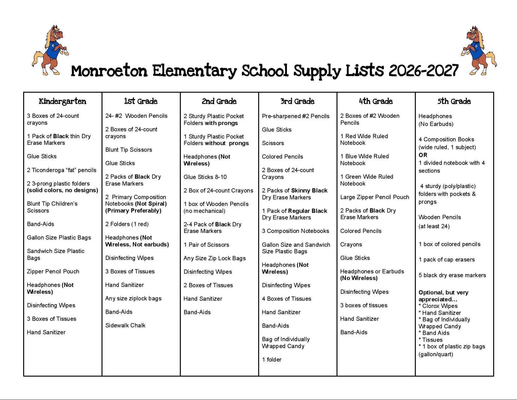 2026-2027 School Supply List