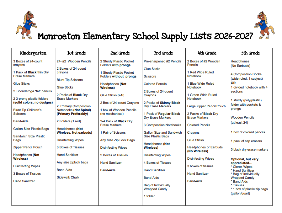 Monroeton Elementary School Supply Lists 2026-2027
