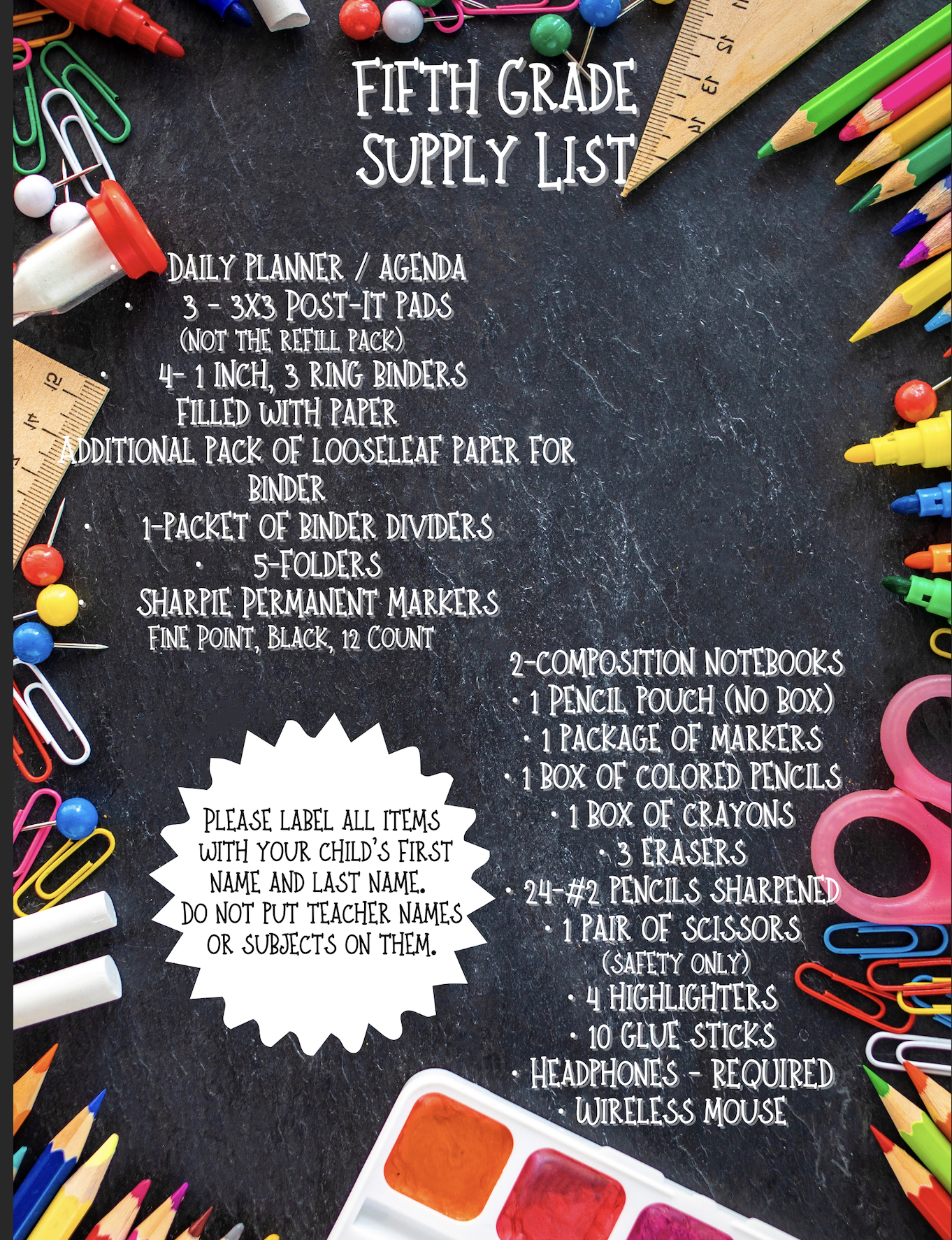 5th Grade Supplies