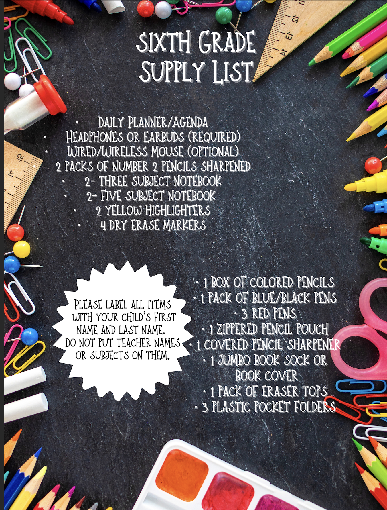 6th Grade Supplies