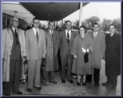 Left to right: Raymond G. Bates, Dr. Caroll Munshaw, Lloyd Calvin, Eugene Demick, Mrs. John Yake, Conrad Rebandt, Walter Rozycki Cornerstone laying at Bates School ~ 1957