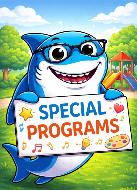 Shark holding a sign that says special programs