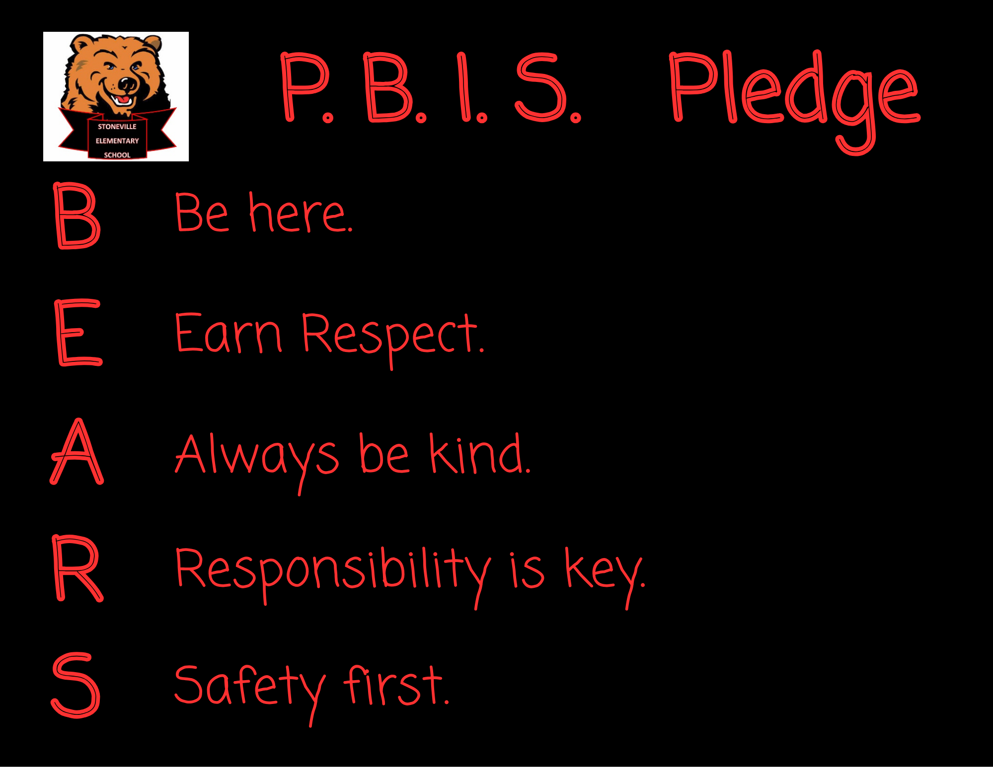 PBIS Pledge BEARS Be here. Safety first. Responsibility is key. Always be kind. Earn Respect.