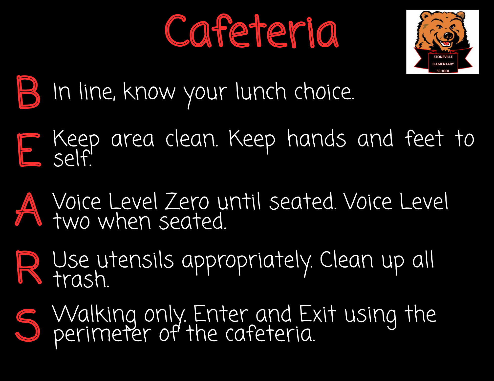 Cafeteria BEARS  In line. Know lunch choice Keep area clean Keep hands and feet to self Voice level 0 until seated. Voice level 2 when seated. Use utensils appropriately. Clean up all trash Walking only. Enter and Exit using the perimeter of the cafeteria.