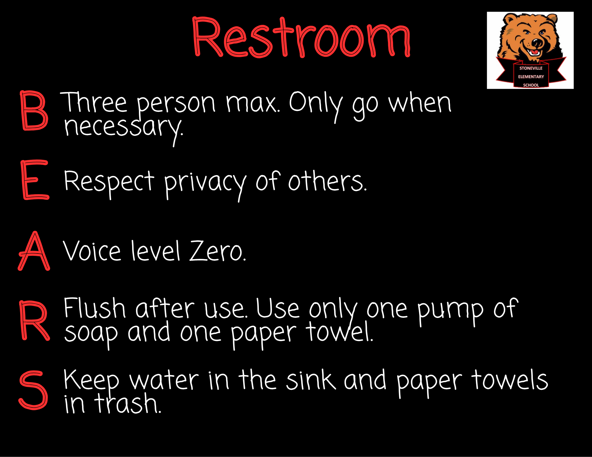 Restroom BEARS 3 person max. Only go when necessary. Respect the privacy of others. Voice level 0 Flush after use. Use one pump of soap. Use 1 paper towel.  Keep water in the sink and paper towels in trash.
