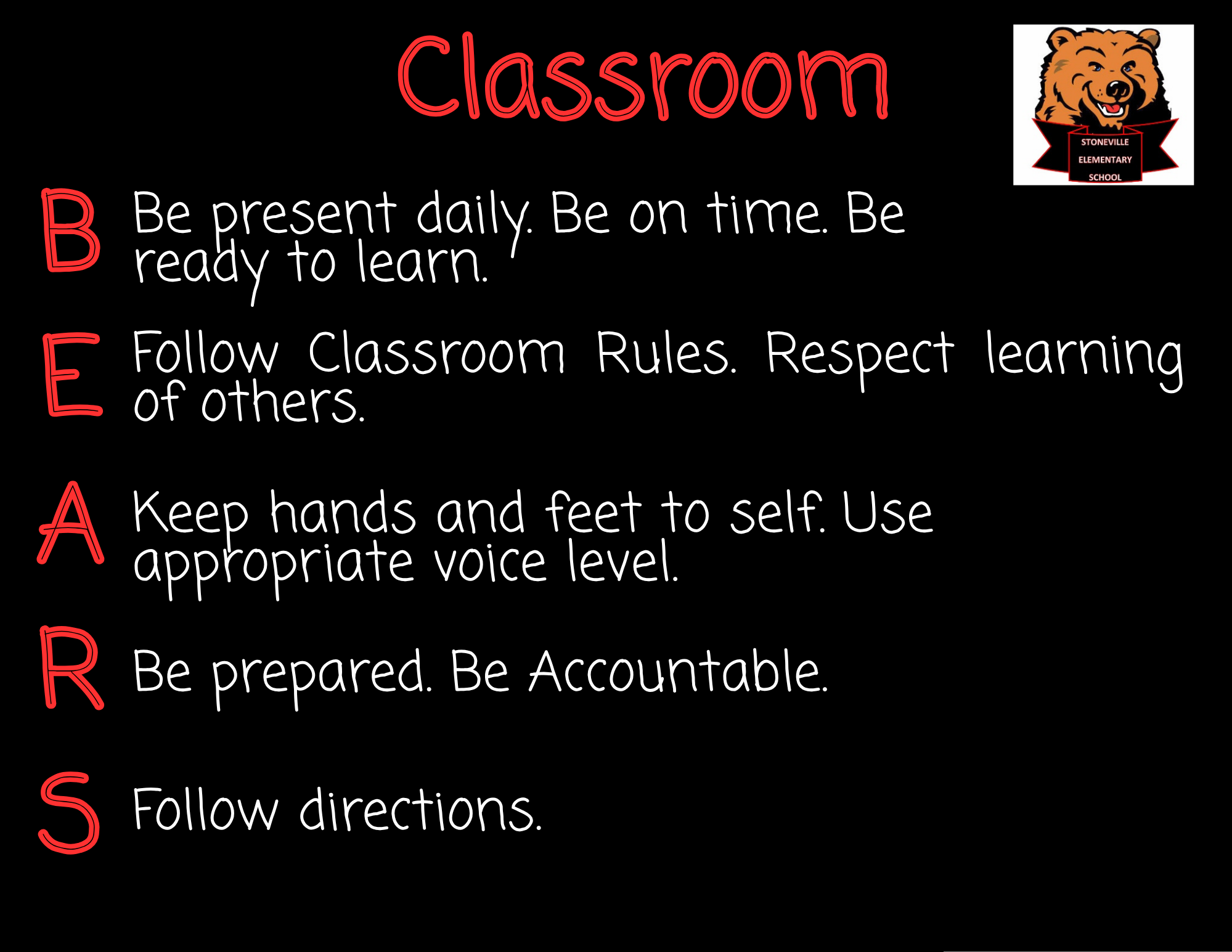 Classroom BEARS Be present daily Be on time. Be ready to learn. Follow Classroom Rules. Respect learning of others. Keep hands and feet to self. Use appropriate voice level. Be prepared.  Be Accountable. Follow directions.