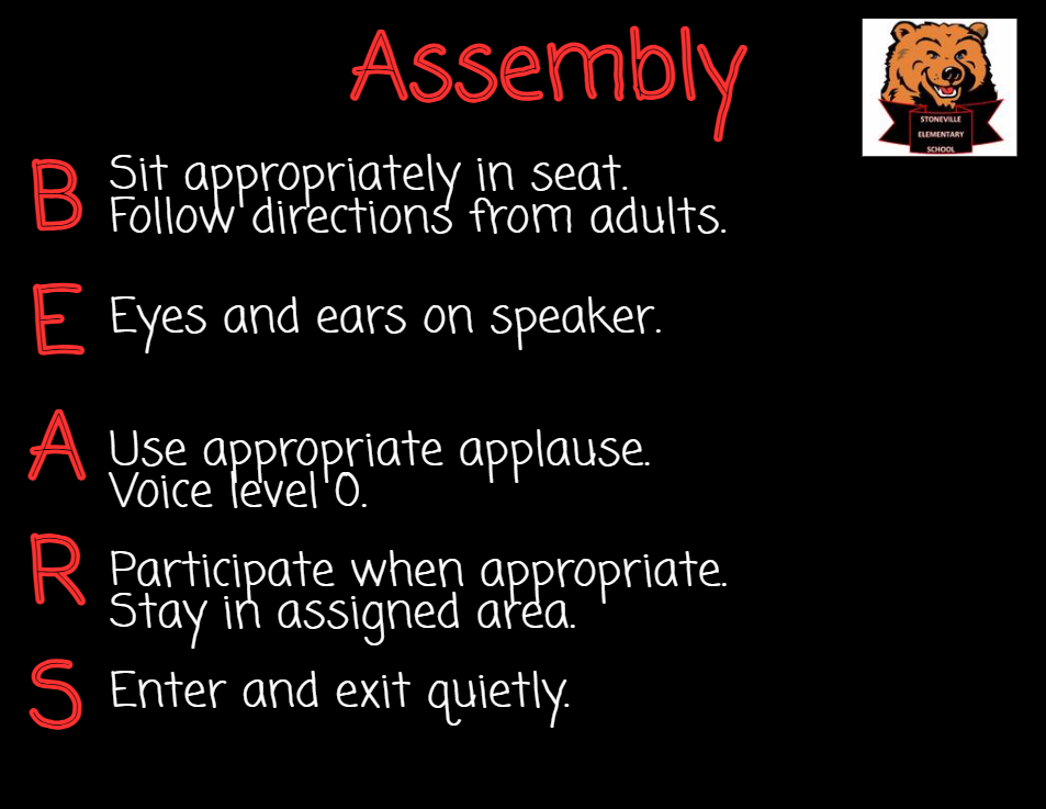 Assemby Rules for PBIS - Sit appropriately in seat.  Follow directions from adults.  Eyes and ears on speaker. Use appropriate applause.  Voice level 0. Participate when appropriate.  Stay in assigned area. Enter and exit quietly.