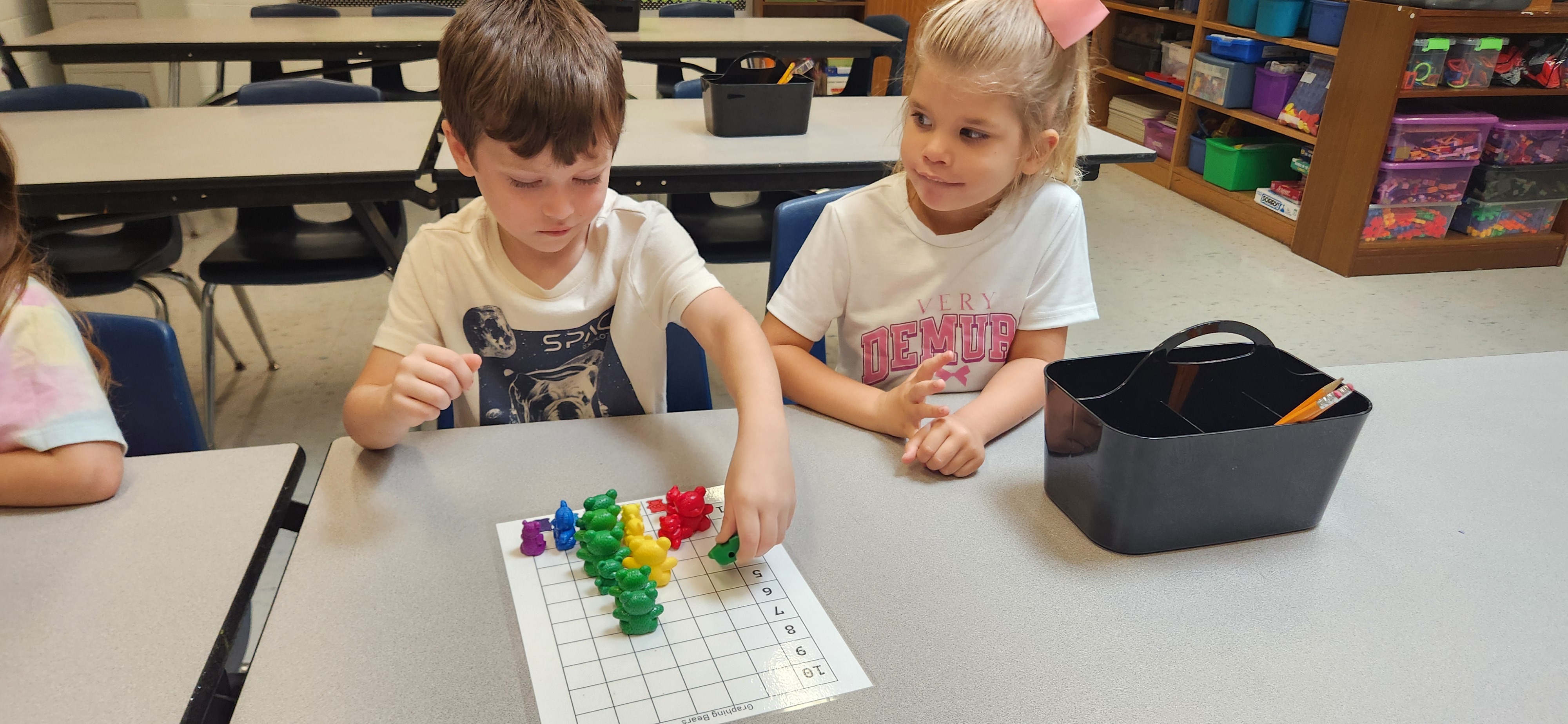 Students working with counting bears to graph is STEM lab
