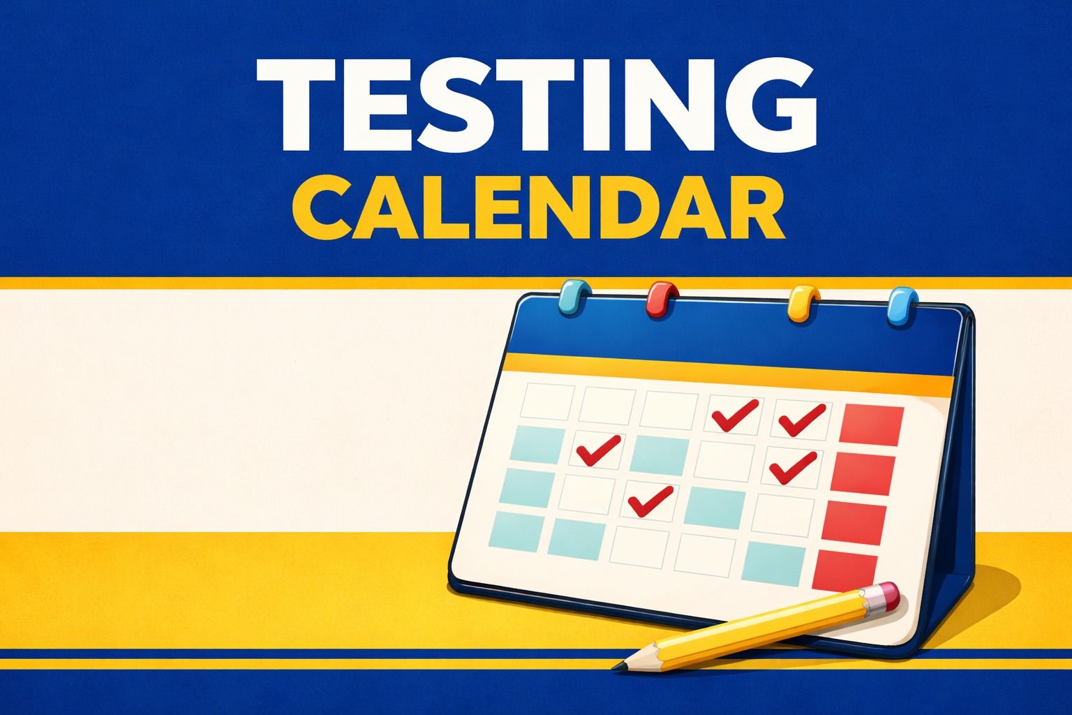 The words Testing Calendar accompanied by a picture of a calendar using the school colors of blue and gold