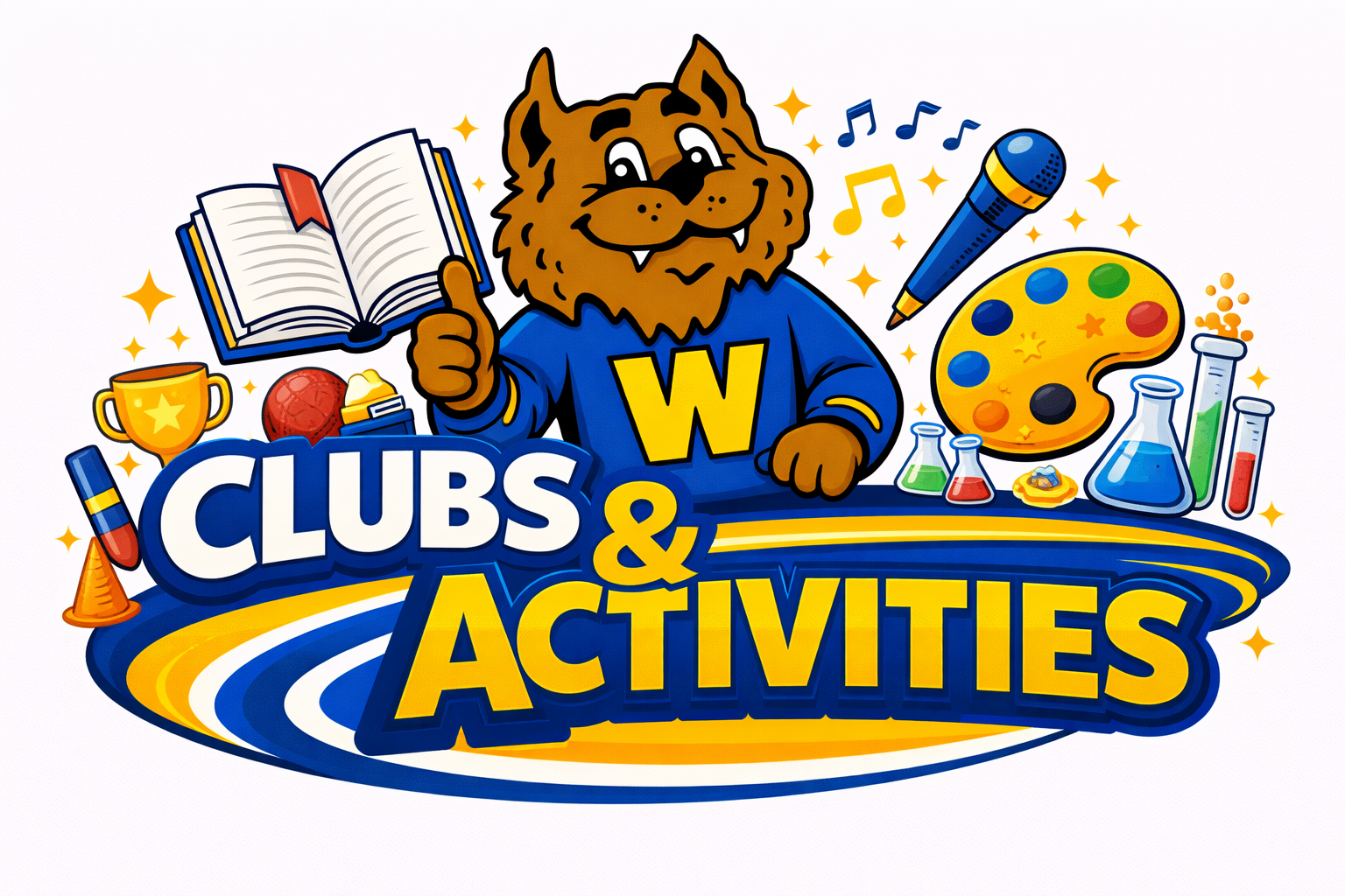 Header for Clubs and Activities including Willie the Wildcat, school colors of blue and gold, and icons for different activities such as reading, art, music and science experiments
