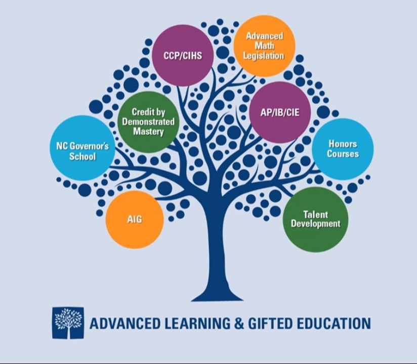 Advanced Learning and Gifted Education logo featuring a tree with branches for different components such as talent development, honors courses, and instruction