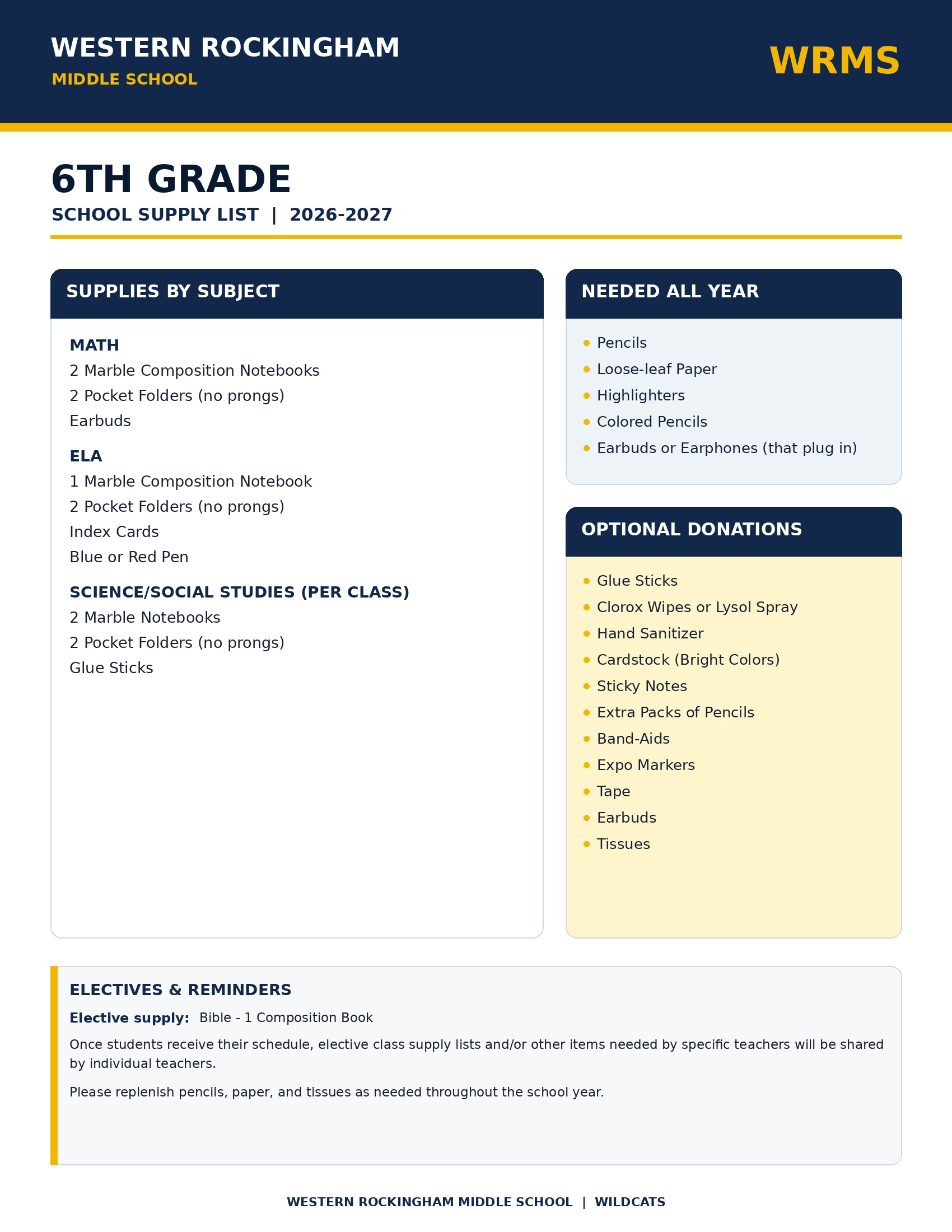 6th grade supplies
