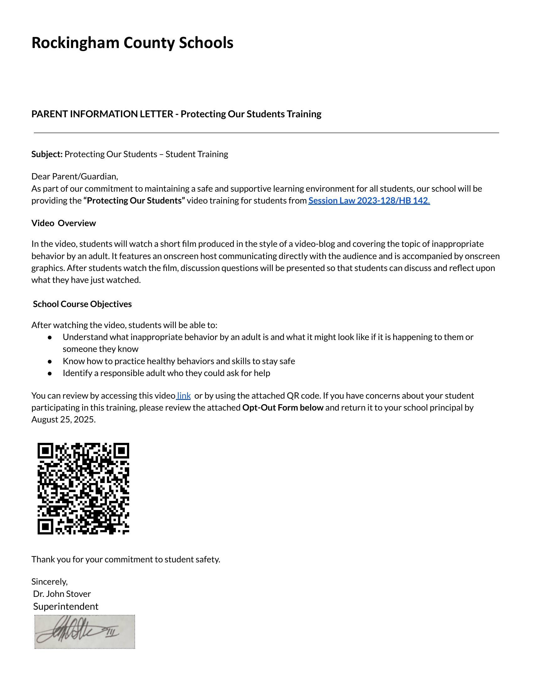 Protecting Our Students information and video link
