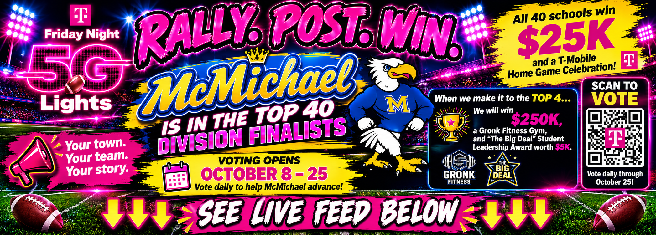 Colorful McMichael High School Friday Night 5G Lights banner announcing the Fighting Phoenix as a Top 40 Division Finalist. Features bright pink, blue, and yellow graphics, stadium lights, and the school mascot. Encourages supporters to vote daily October 8–25 for a chance to advance toward a $1 million football field upgrade. Includes a QR code to vote, information about additional prizes, and the message “SEE LIVE FEED BELOW” with downward arrows.
