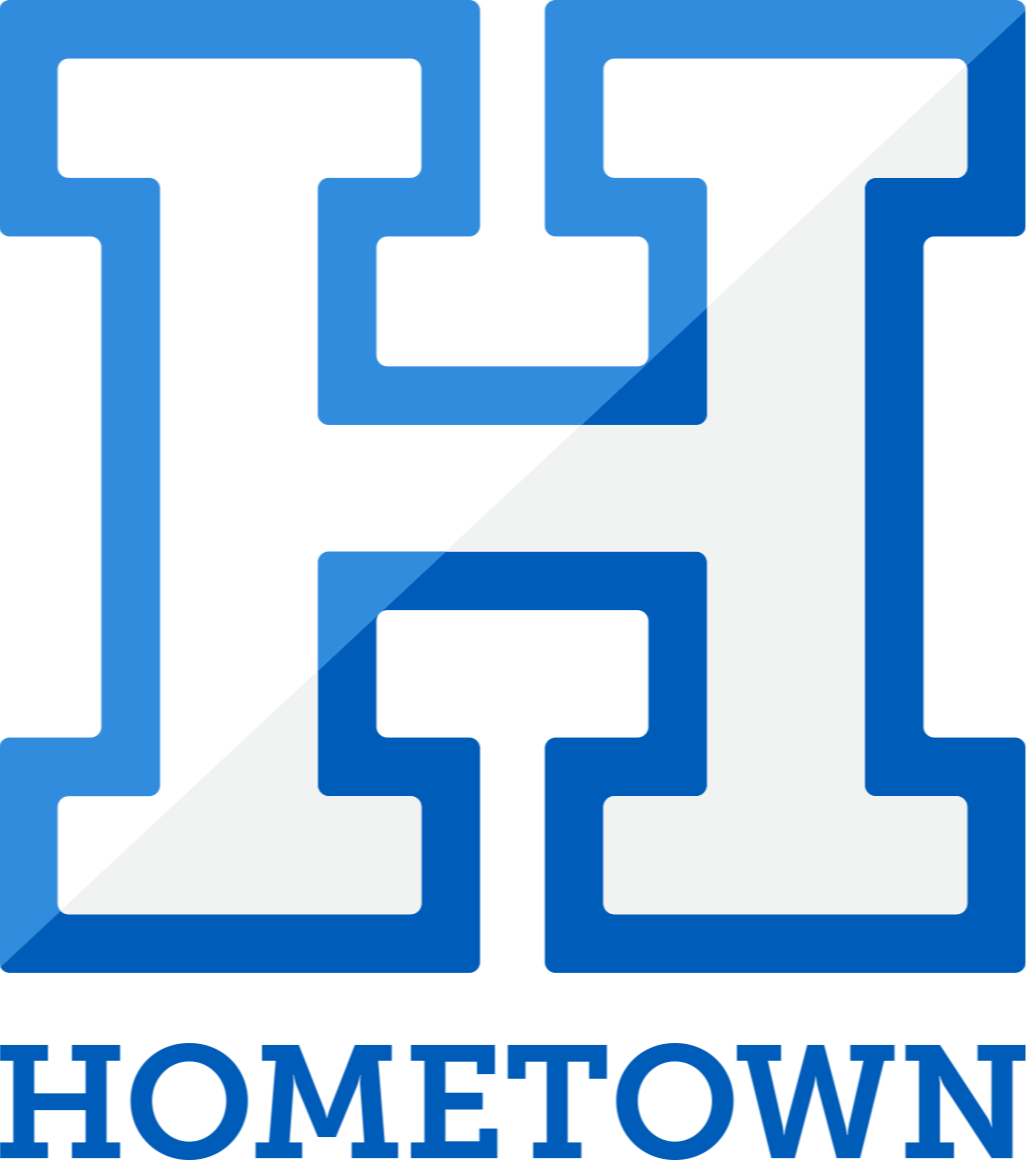 A blue and white logo with the text "Hometown" on a gray background.