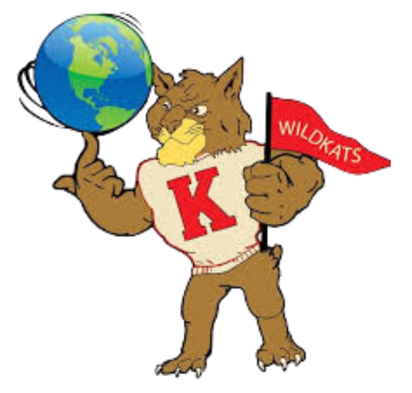 Image of cat mascot in K sweater holding a Wildkat flag and spinning a globe