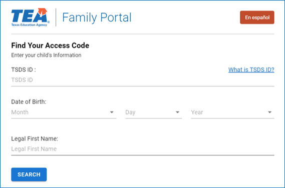 screenshot of the TEA Family Portal website