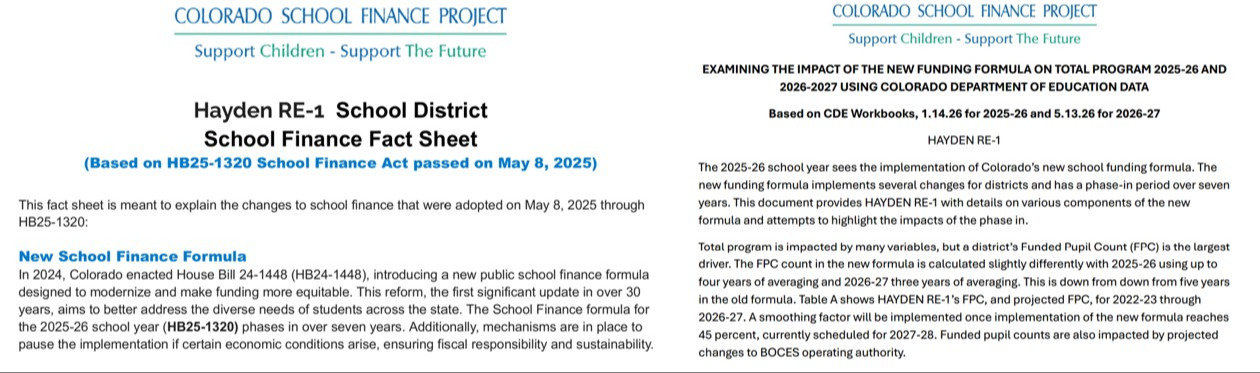 Hayden Re-1 School District School Finance Fact Sheet (Based on HB25-1320 School Finance Act passed on May 8, 2025) This fact sheet is meant to explain the changes to school finance that were adopted on May 8th. - New School Finance Formula - In 2024, CO enacted House Bill 24-1448 (HB-24-1448), introducing a new public school finance formula designed to modernize and make funding more equitable. The reform, the first signifigant update in over 30 years, aims to better address the diverse needs of students across the state. The School Finance formula for the 2025-26 school year (HB25-1320) phases in over seven years. Additionally, mechanisms are in place to pause the implementation if certain economic conditions arise, ensuring fiscal responsibility and sustainability.