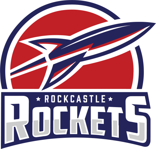 Text logo in blue and yellow that reads "Rockcastle Rockets".