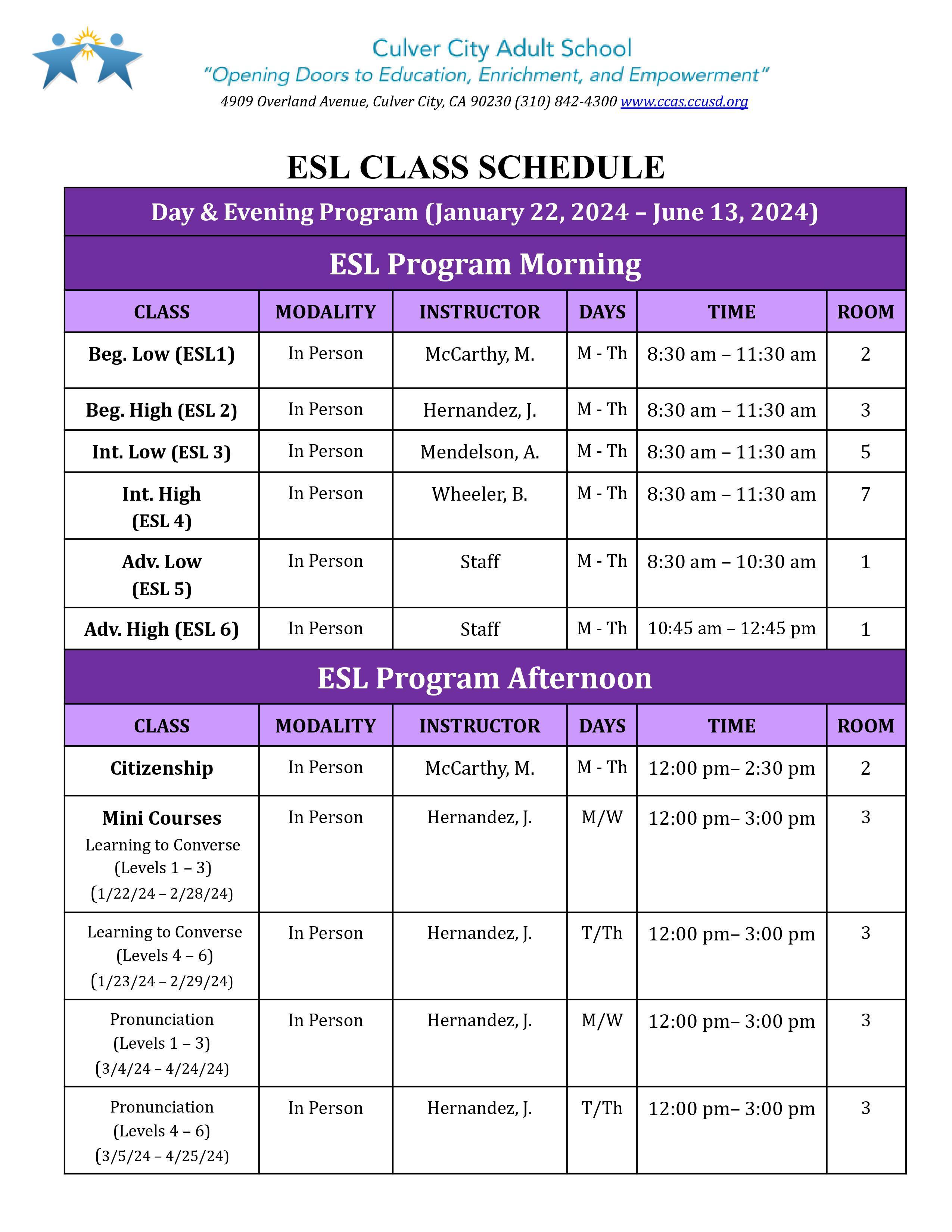 ESL Class Schedule 