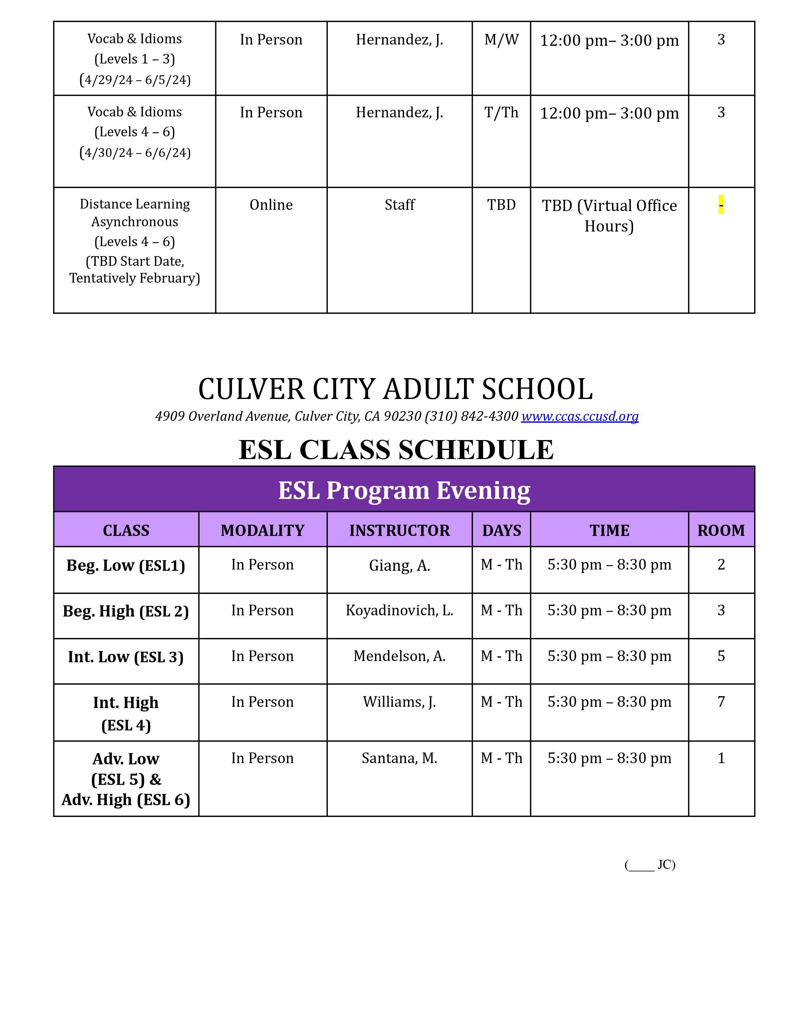 ESL Class schedule 2