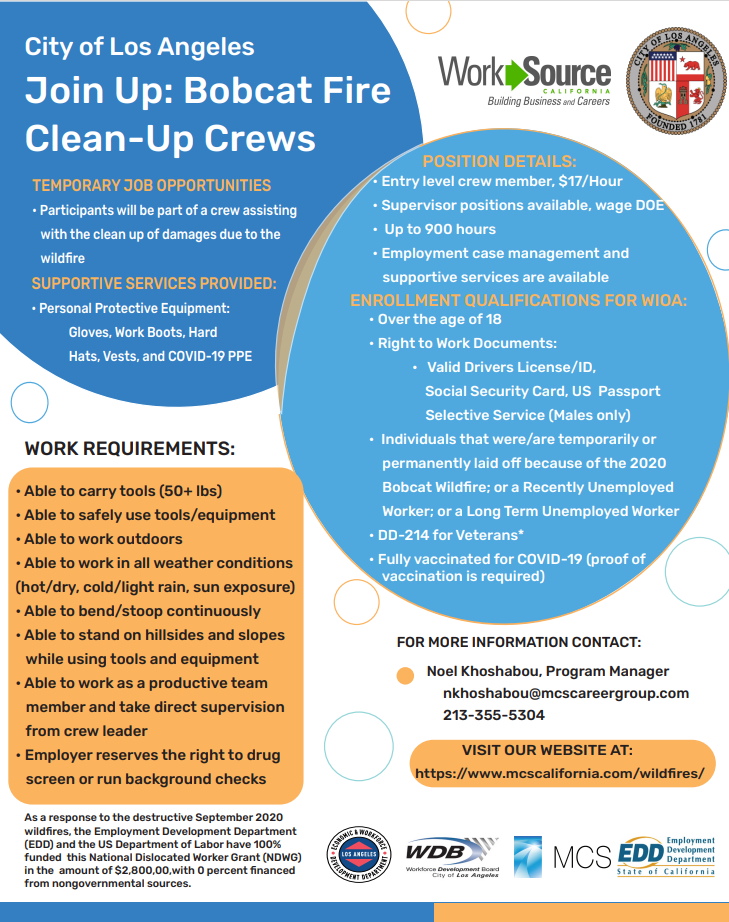 City of Los Angeles Bobcat Fire Clean-Up Crew hiring Flyer