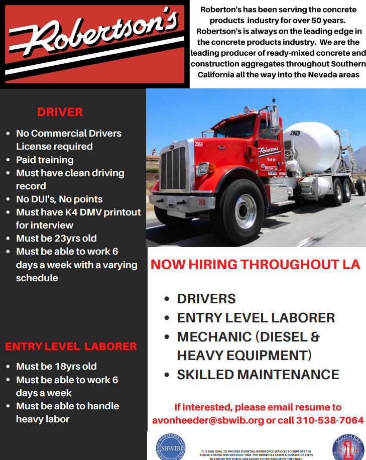 Robertson's Hiring drivers and laborers flyer