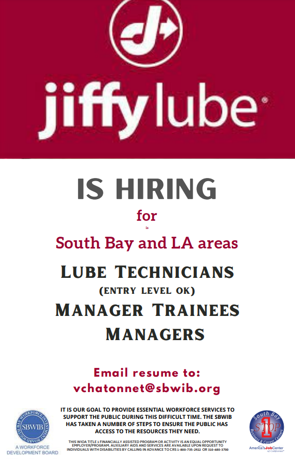Jiffylube hiring technicians and managers flyer