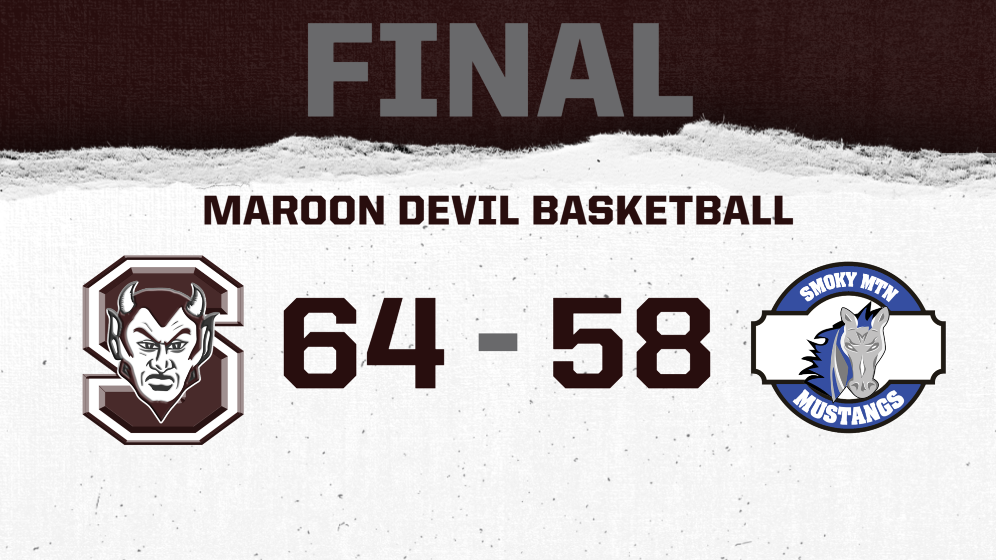 final score of a game that ended at 64-58, maroon devil team as winners