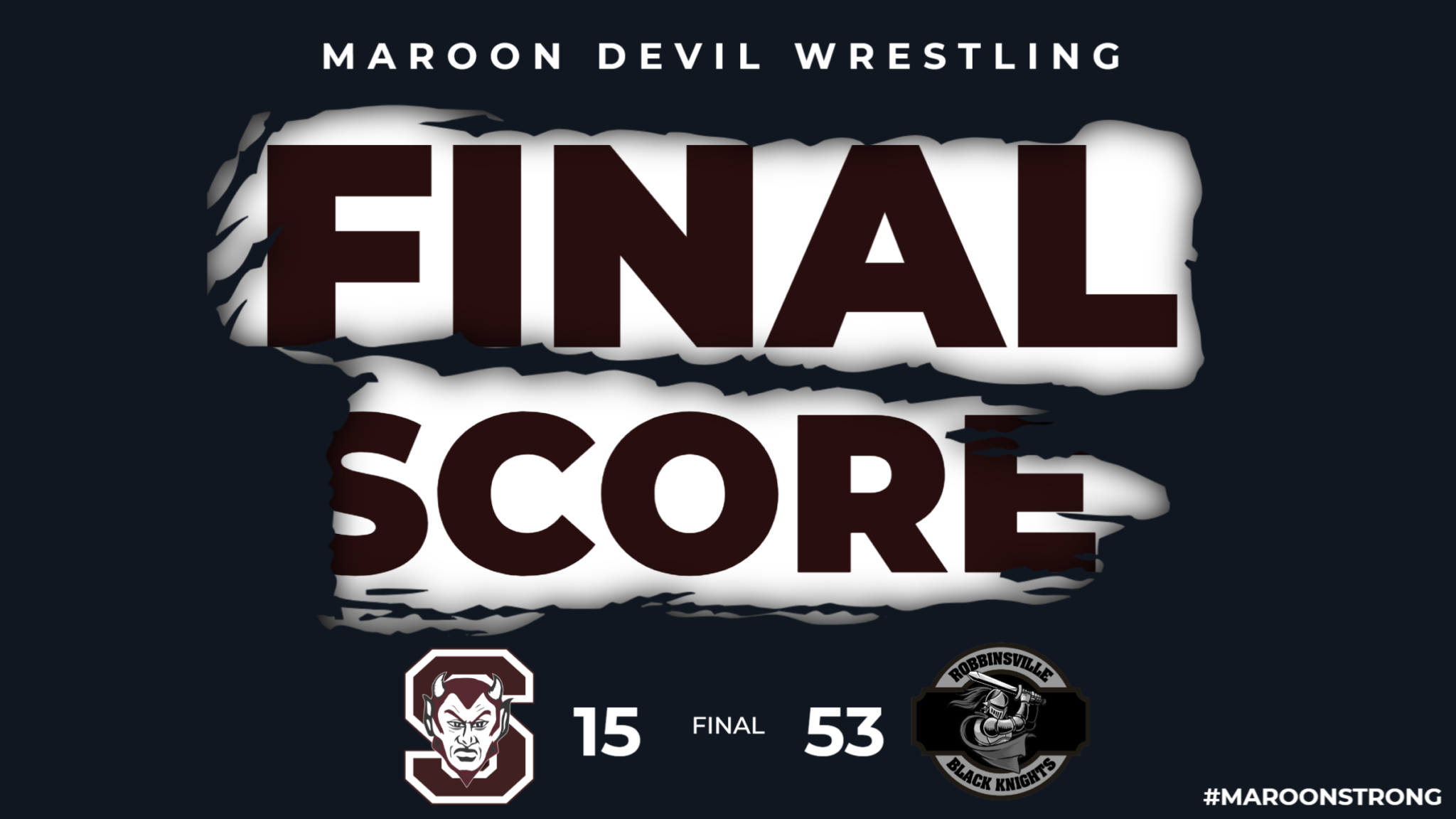 banner of the final score on wrestling competition, score was 15-53, devils maroon lost
