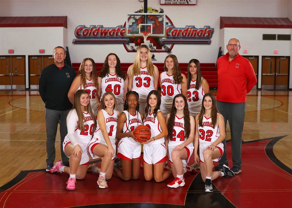 The 2023-24 Coldwater Cardinal JV girls basketball team
