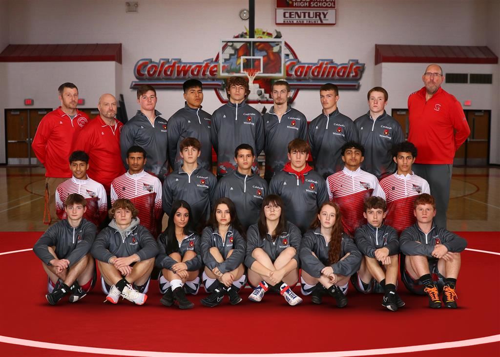 The 2023-24 Coldwater Cardinal varsity and JV wrestling teams