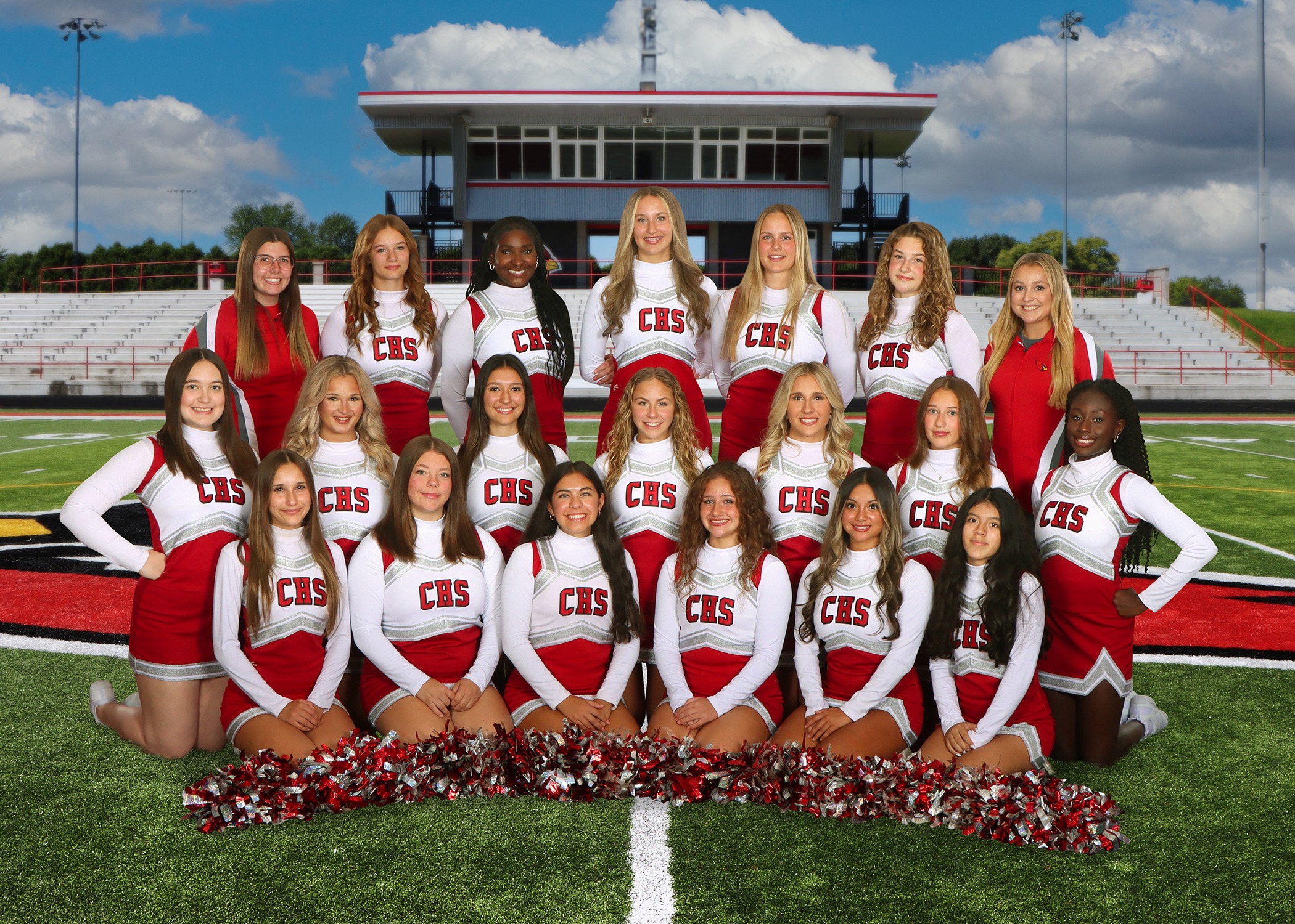The 2025 Coldwater Cardinal sideline cheer team. (Photo credit: Focus & Frame Portrait Co.)
