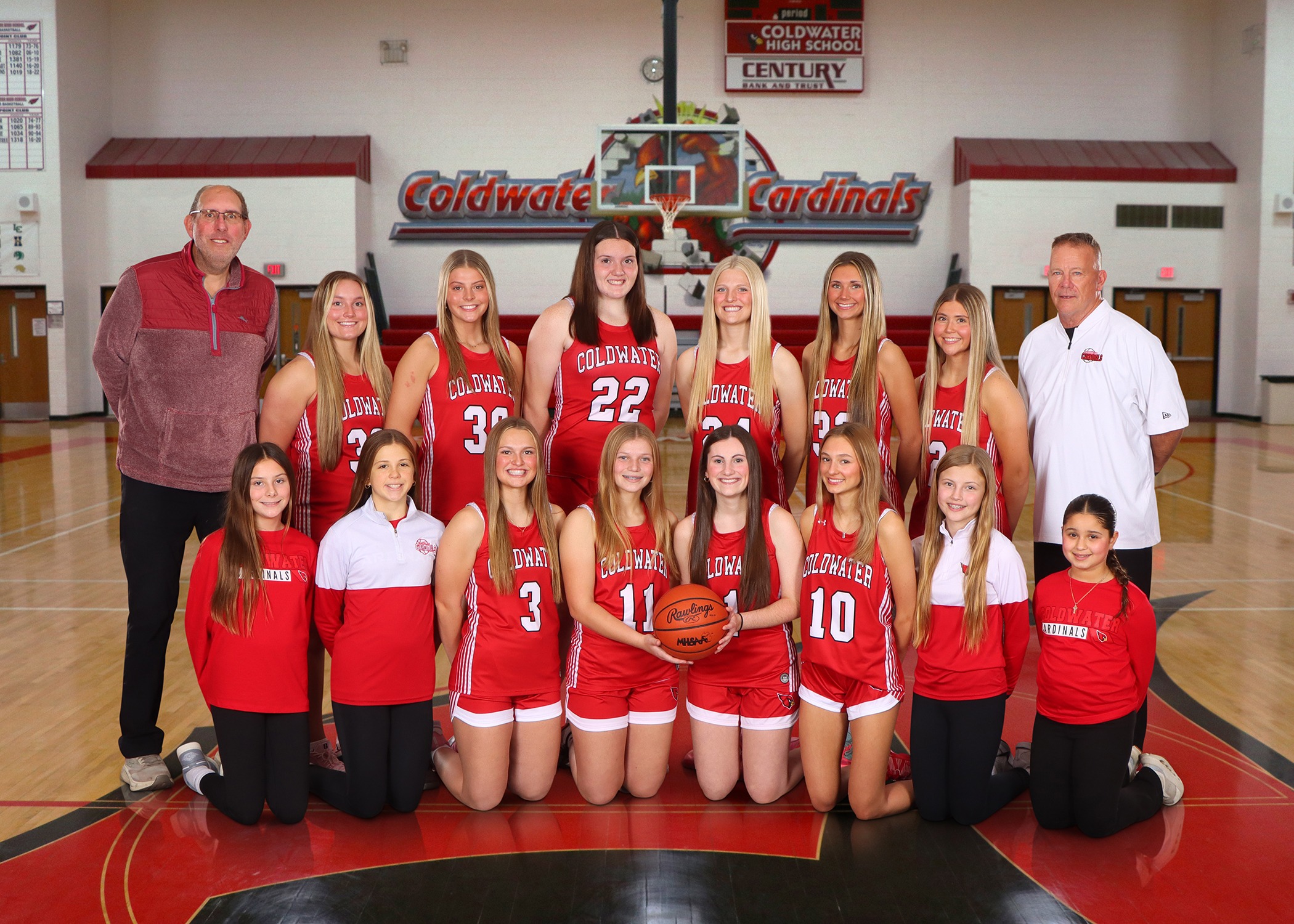 The 2025-26 Coldwater Cardinal varsity girls basketball team. (Photo credit: Focus & Frame Portrait Co.)