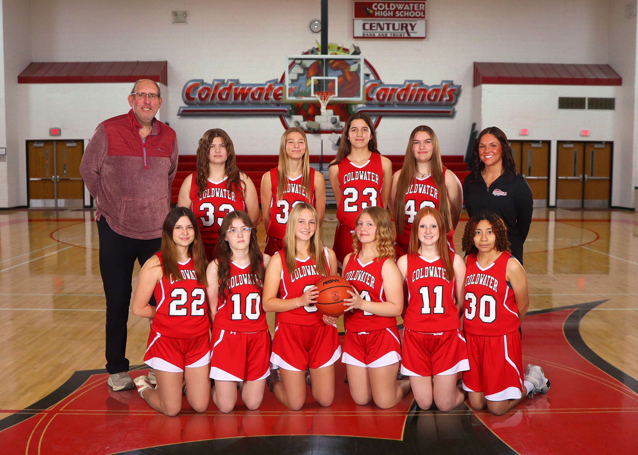The 2025-26 Coldwater Cardinal JV girls basketball team. (Photo credit: Focus & Frame Portrait Co.)