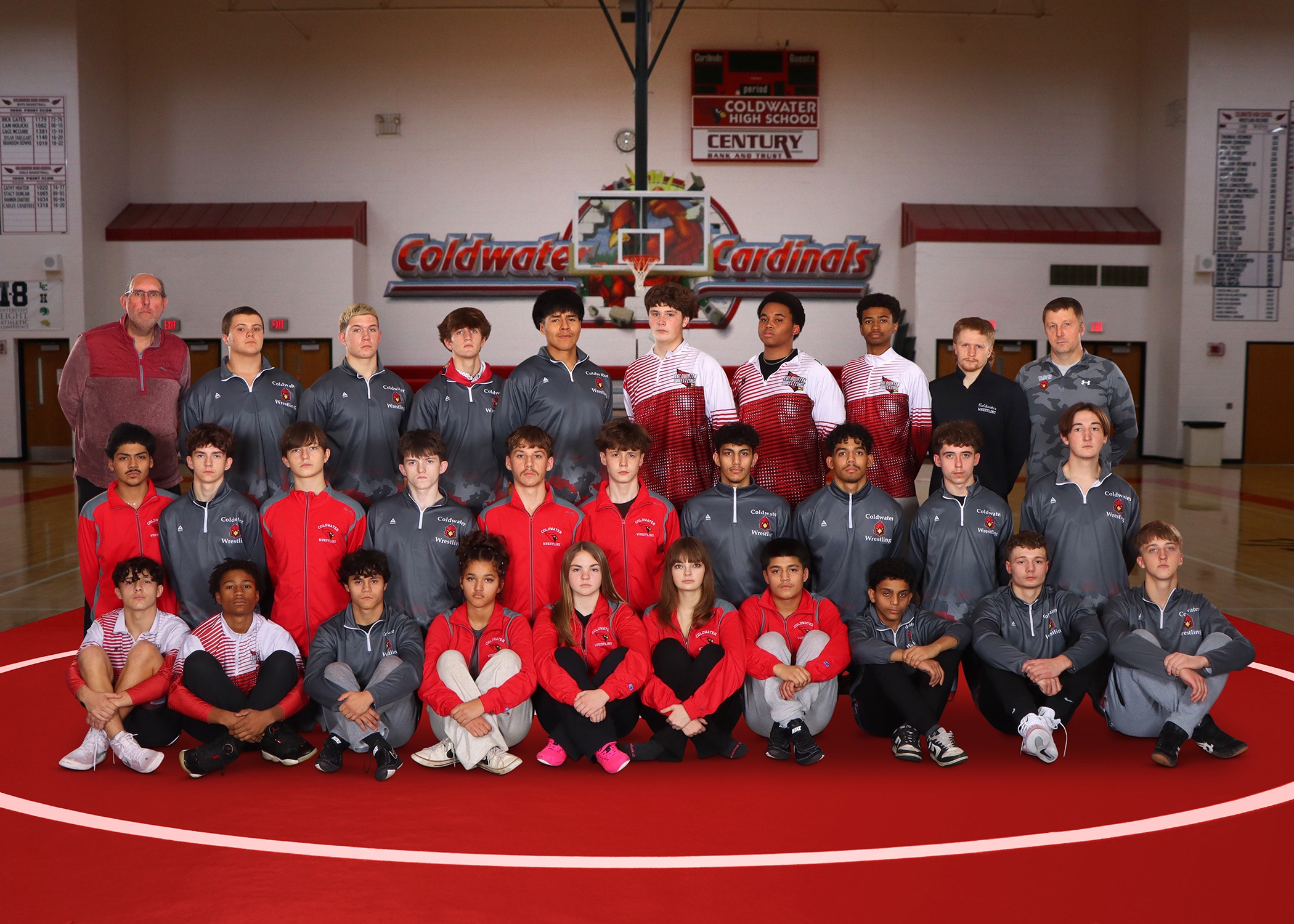 The 2025-26 Coldwater Cardinal varsity and JV wrestling teams. (Photo credit: Focus & Frame Portrait Co.)