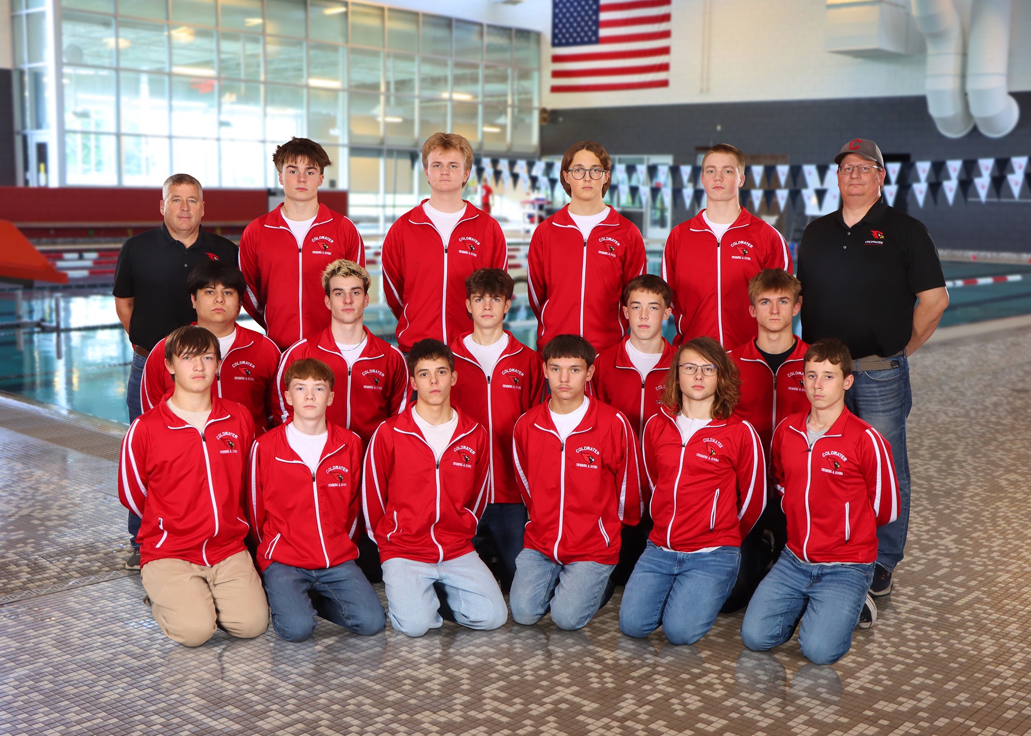 The 2025-26 Coldwater Cardinal boys swimming and diving team. (Photo credit: Prater Studios)